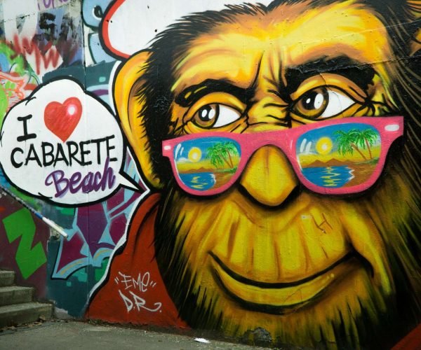 Colorful street art of a monkey with sunglasses on stairs, featuring Cabarete Beach text.